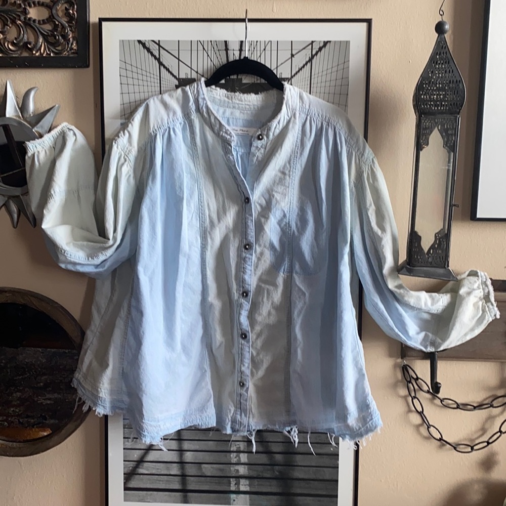 We the free. Sm distress, two-tone, raw edge button down denim